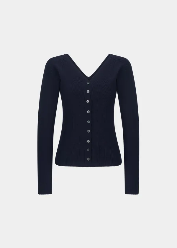 W V-NECK RIBBED KNIT CARDIGAN - DARK NAVY