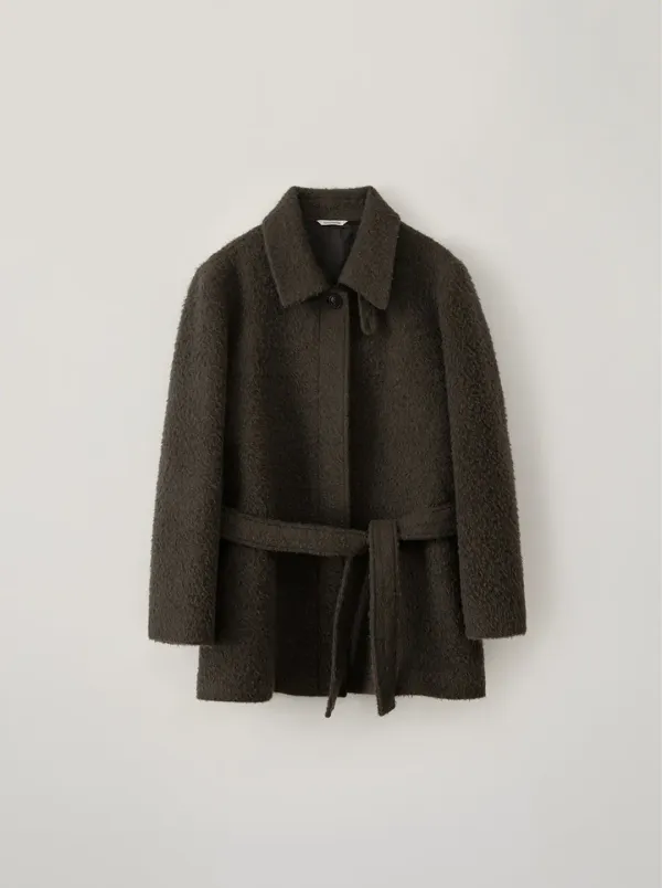 HAIRY BELTED HALF COAT_KHAKI BROWN