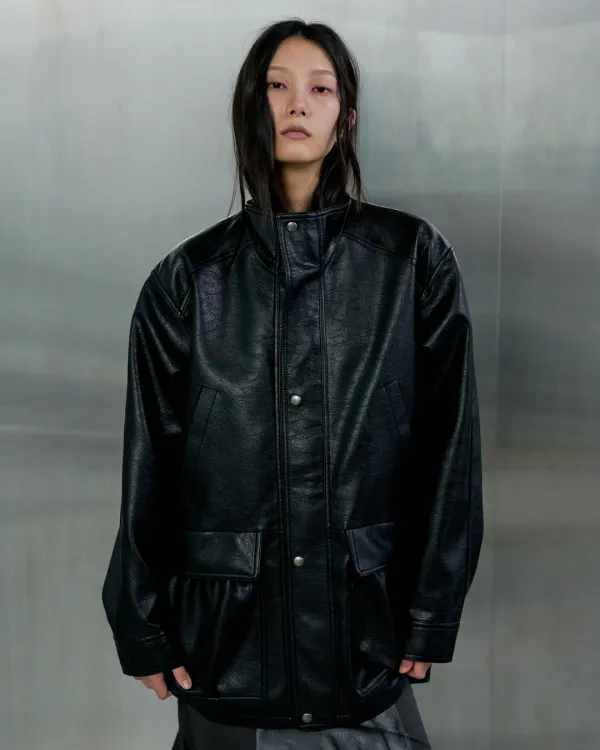 HIGH-NECK MID LEATHER JACKET - BLACK