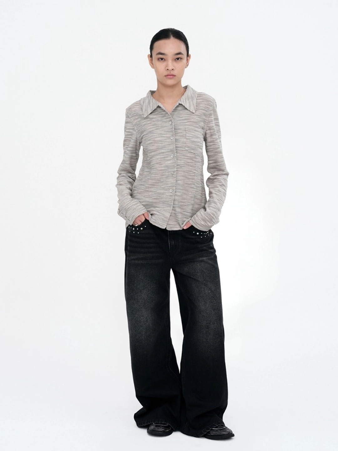 밀로 우먼 Stud Wide Jeans [Black] 상품 이미지 2