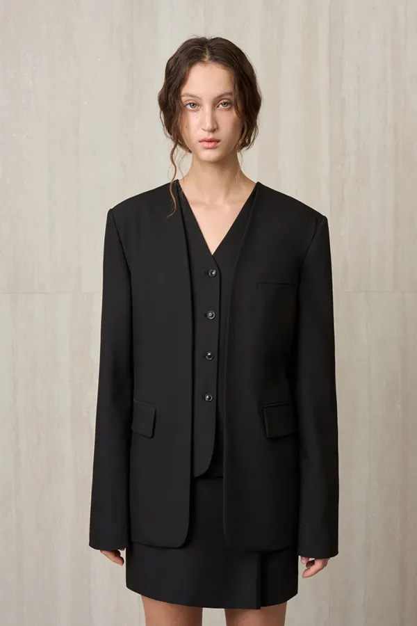 WOOL BLEND COLLARLESS JACKET BLACK