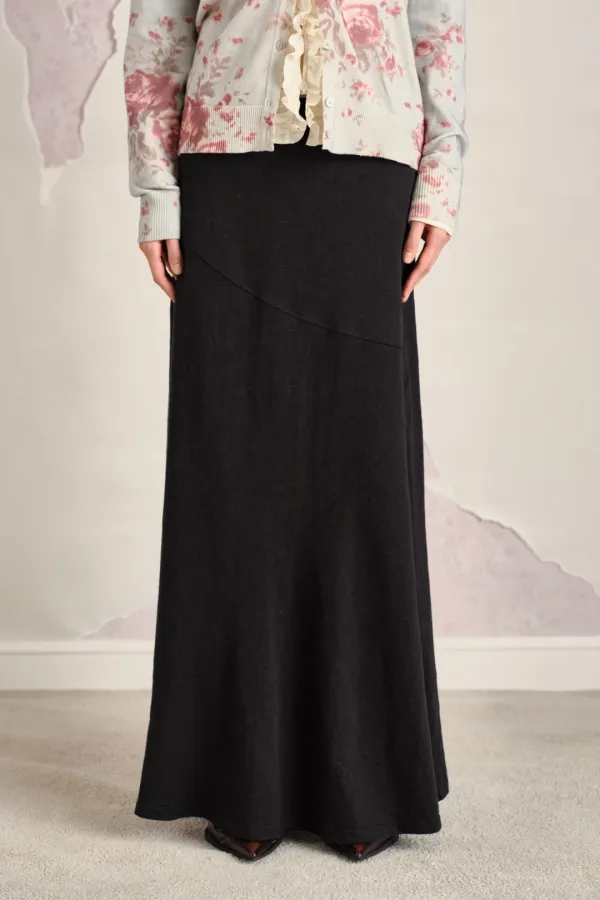 PANELED COTTON MAXI SKIRT, BLACK