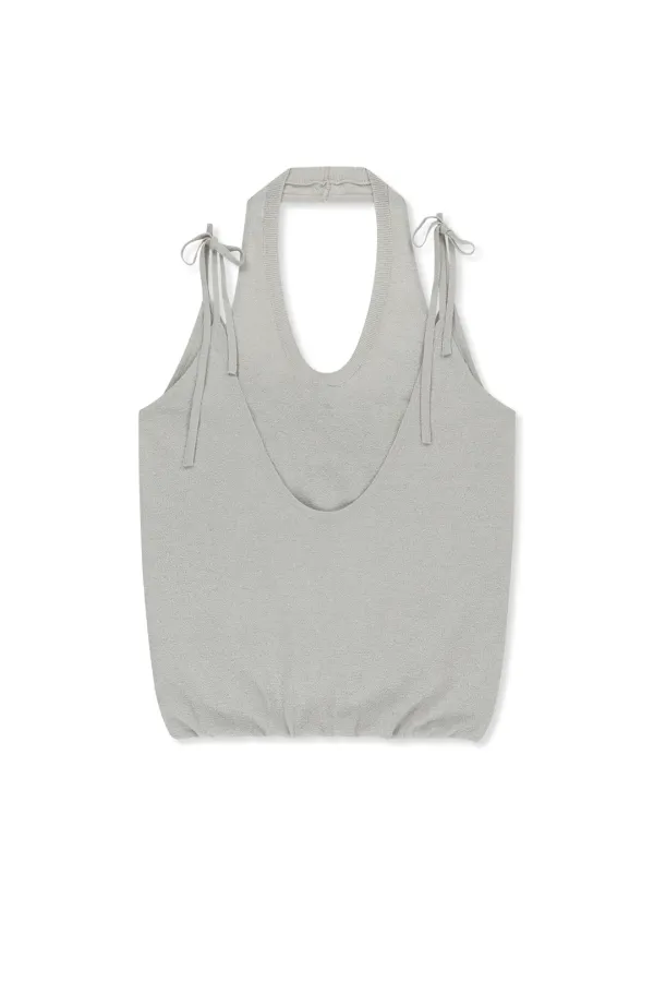 LAYERED TIE HALTER NECK KNIT TOP IN LIGHT GREY