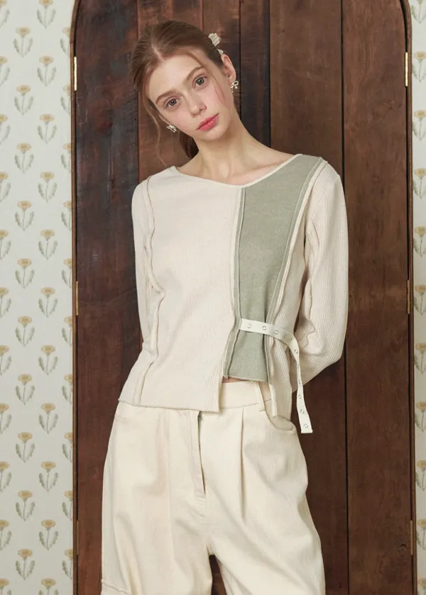 [44-120] Tangy Strap Point Tee Cream &nbsp;탱기 스트랩 포인트 티 크림 (봄/데일리룩/캐주얼룩/데이트룩/꾸안꾸/스트랩/포인트/절개/허리포인트/언발/배색/다이마루/빅사이즈/자체제작)