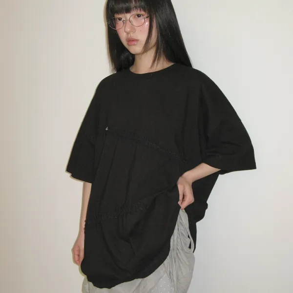 OBLIQUE FRILL SHIRRING OVER FIT T SHIRT BLACK