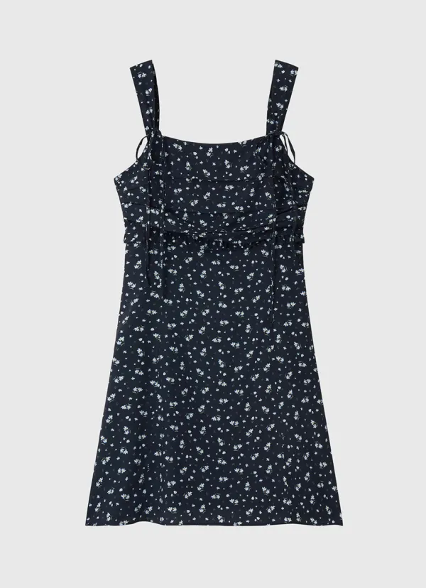Flower pattern shirring mini dress - navy