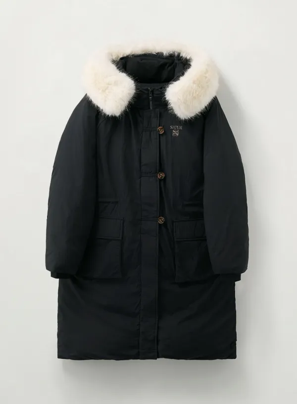 (W) Synthetic Fur Collar Hood Long Down - Black