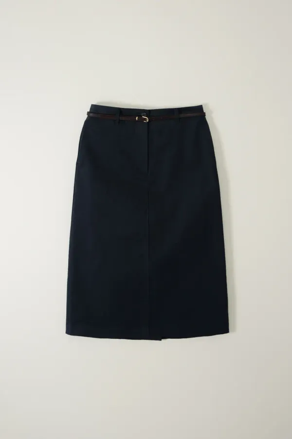PEACH COTTON SKIRT (BELT SET)_NAVY