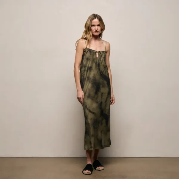 Printed Washed Silk Strappy Cami Dress - Tie Dye Green