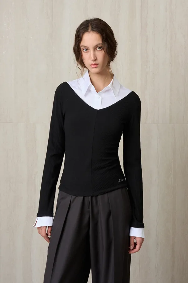 SHIRT COLLAR RIBBED KNIT TOP BLACK