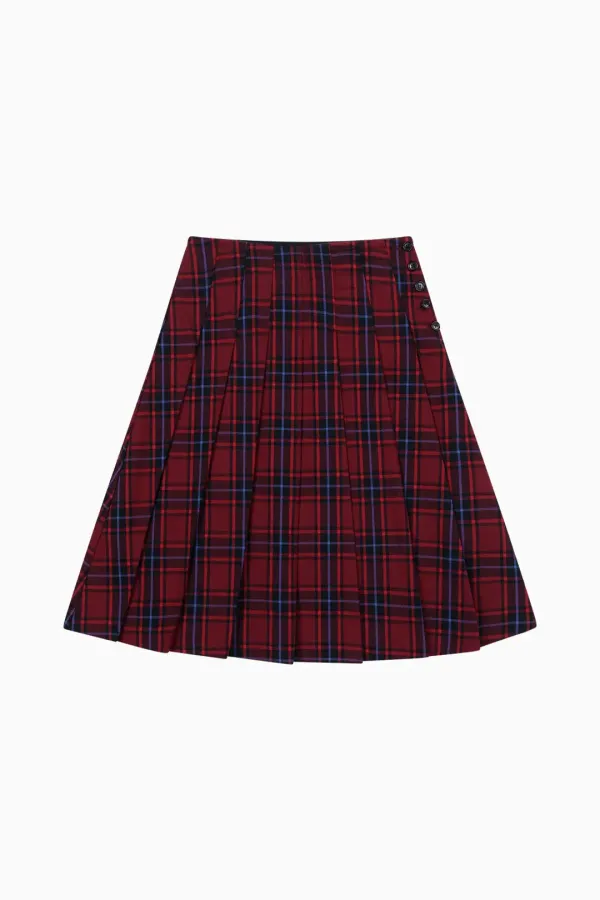 PLEATS BUTTON SKIRT, RED CHECK