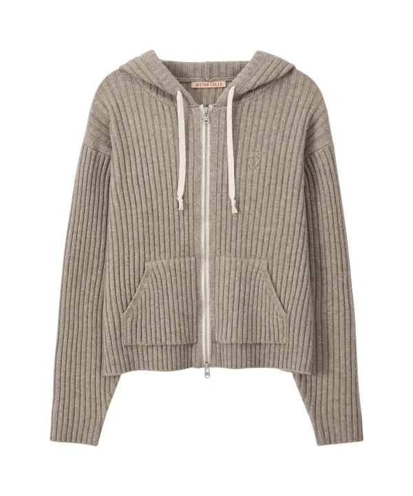 Essential Ribbed Knit Hood Zip Up-Beige