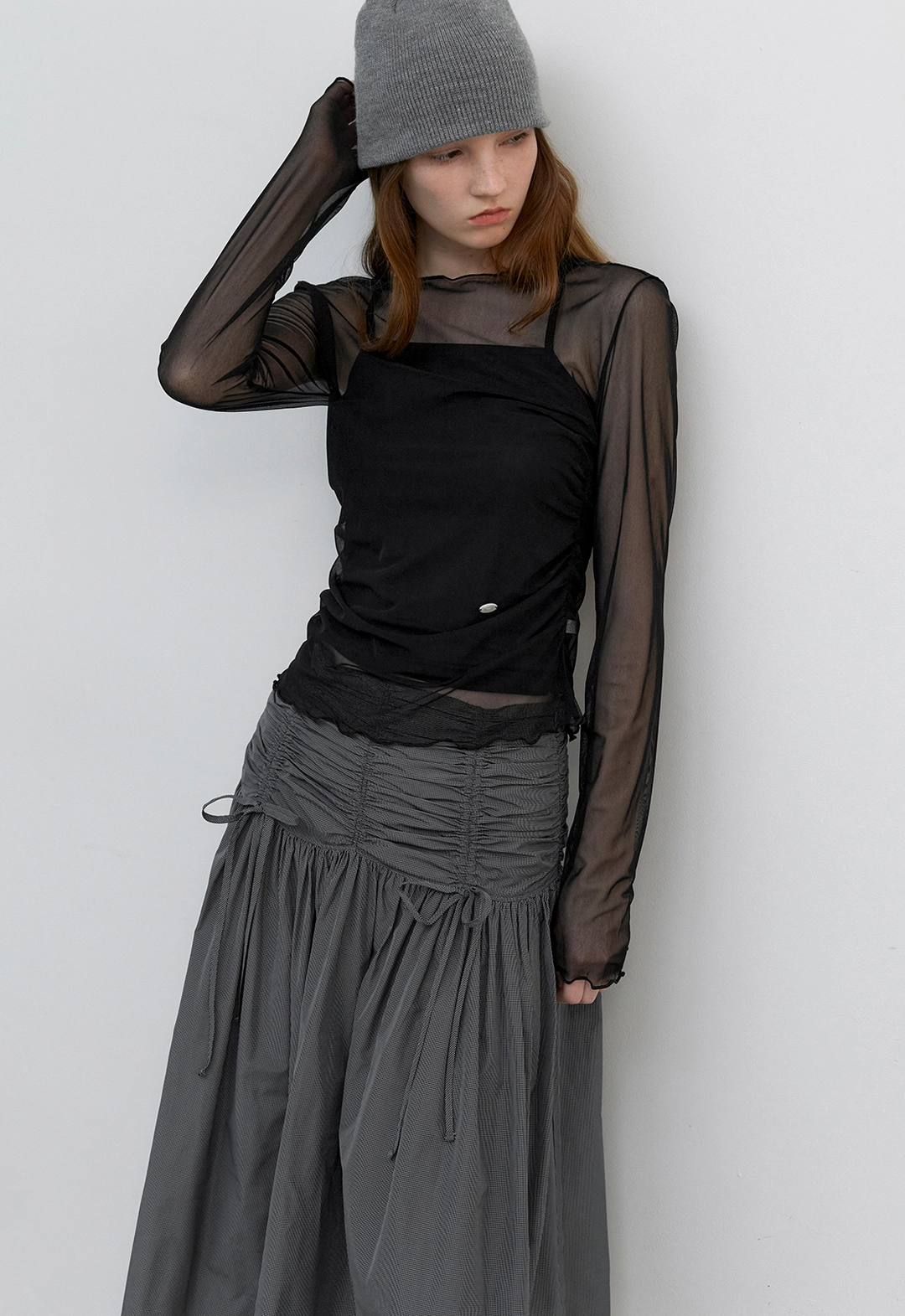 아뜰리에 나인 (SK-5079)MICRO CHECK SHIRRING MIDI SKIRT 상품 이미지 2