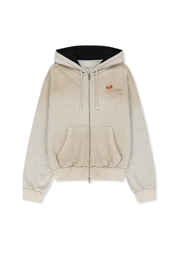 VINTAGE WASHED COLOR CONTRAST HOODY ZIP UP IN LIGHT BEIGE
