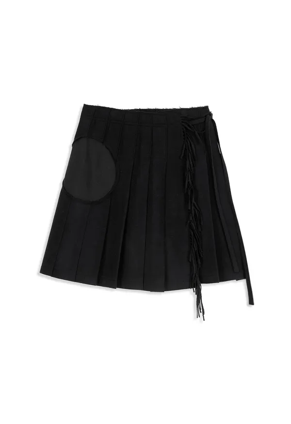 FRINGED WRAP SKIRT, BLACK