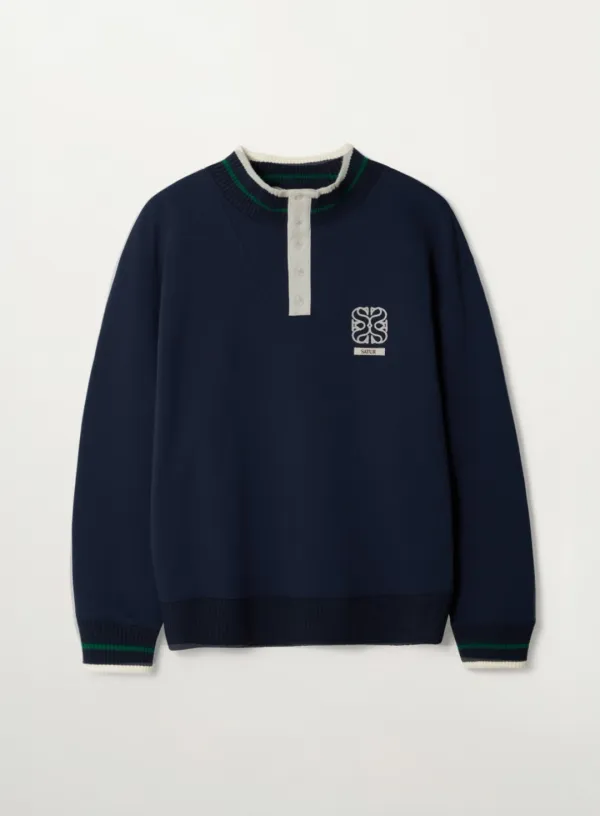 Rib Point Open Collar Sweatshirt - Navy