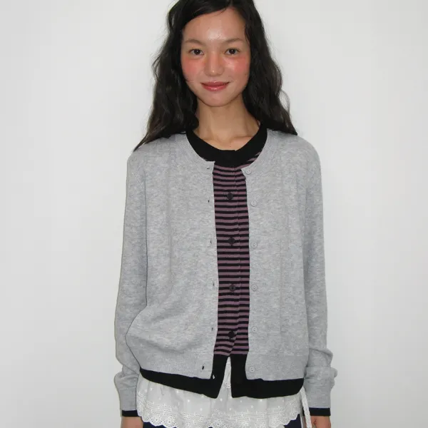 STRIPE LAYERED KNIT CARDIGAN GREY