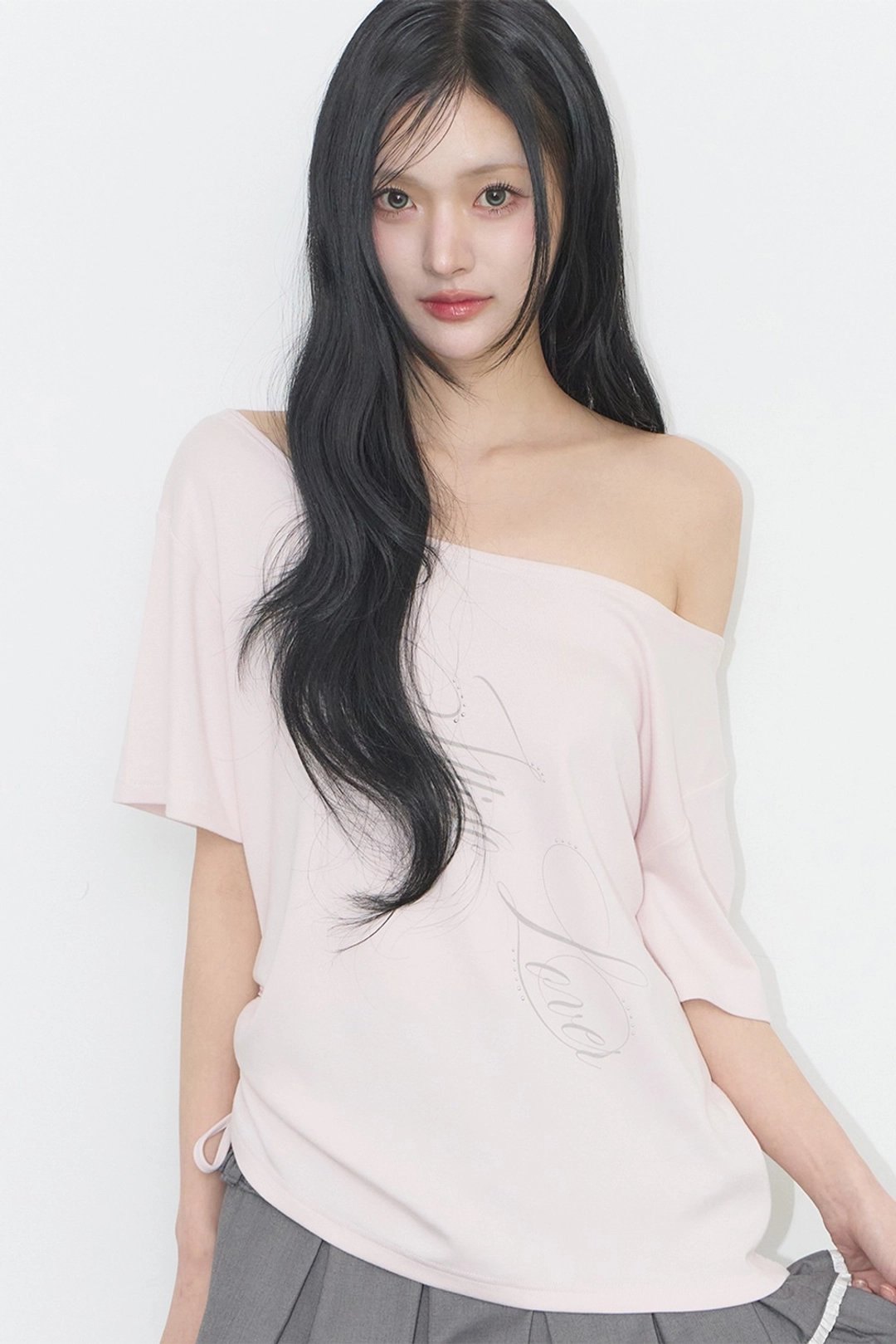 일리고 리본 스트링 오프숄더 티셔츠 핑크 상품 이미지 2