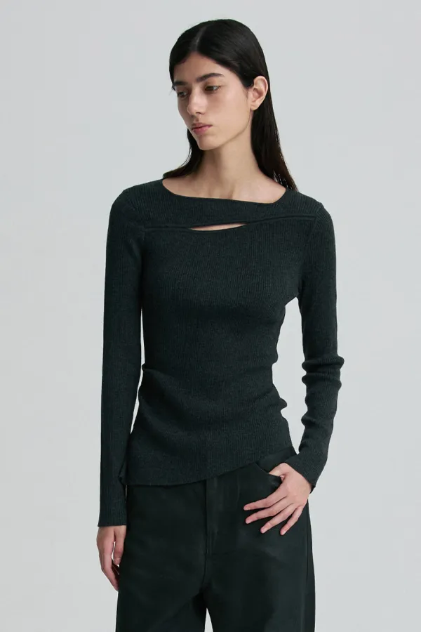 MULTI-SLIT FITTED LONG-SLEEVE TOP CHARCOAL