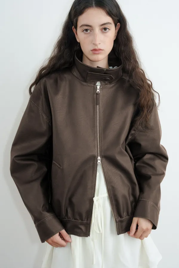 Shirred Leather Blouson Jacket (Brown)