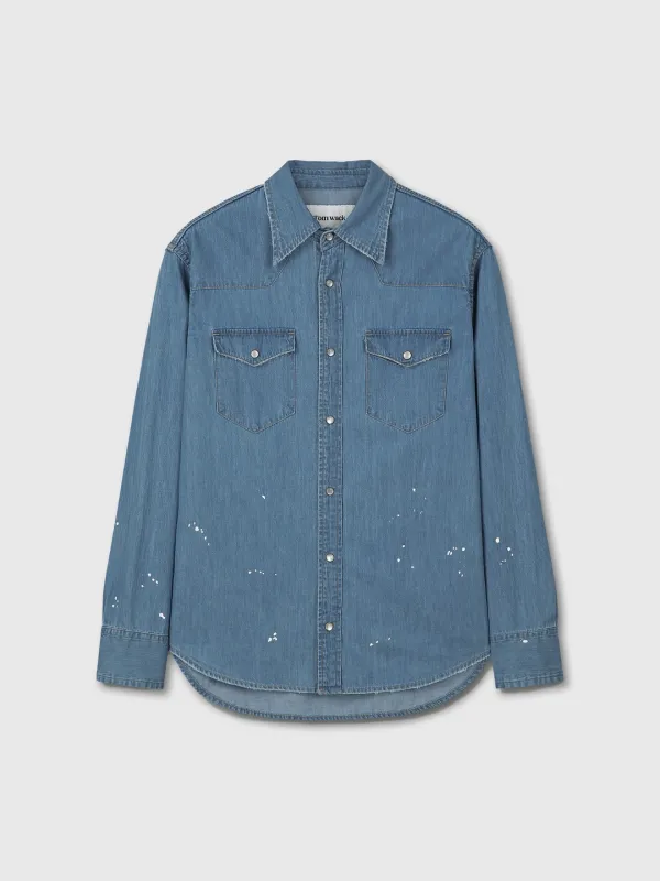 WASHED DENIM HAND-PAINTED WESTERN SHIRT_ WASHED BLUE