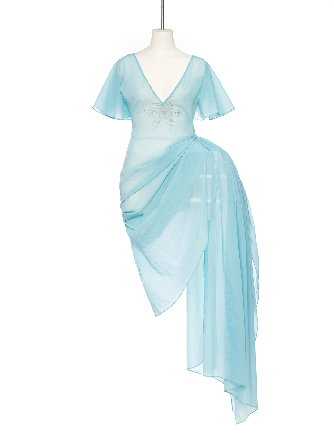 푸쉬버튼 SS25 BLUE V NECK ASYMMETRIC DRAPPING SHIRT DRESS 상품 이미지 1