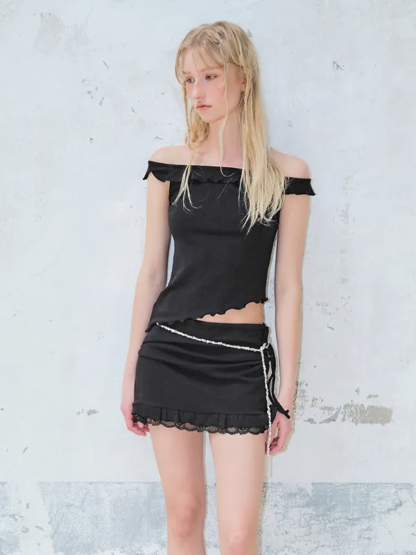 Eyelet Ruffle Off Shoulder T-Shirt, Black