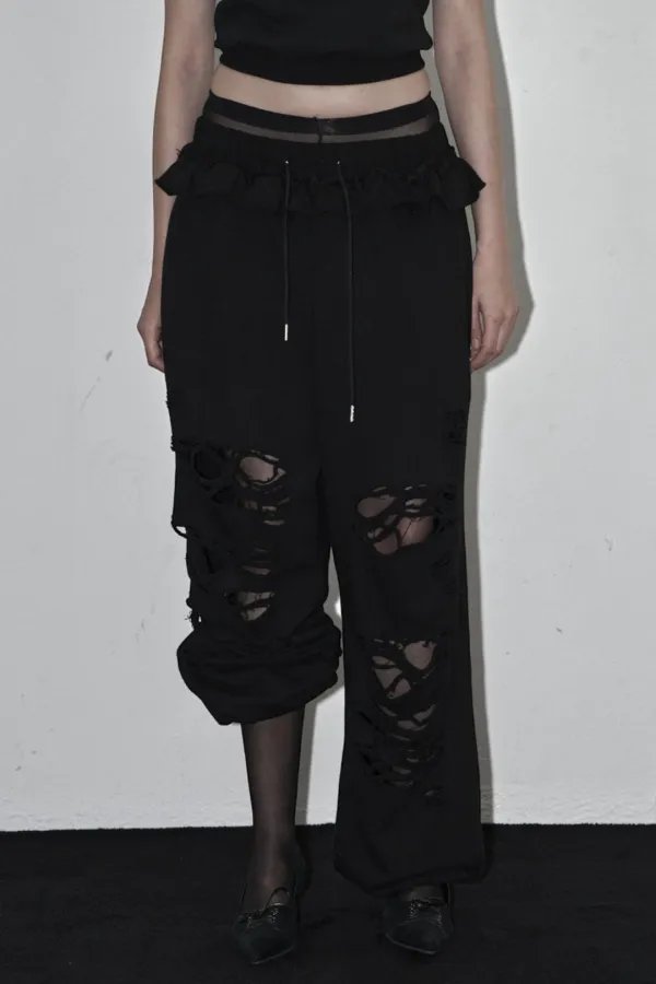 DISTRESSED FRILL SWEAT PANTS BLACK