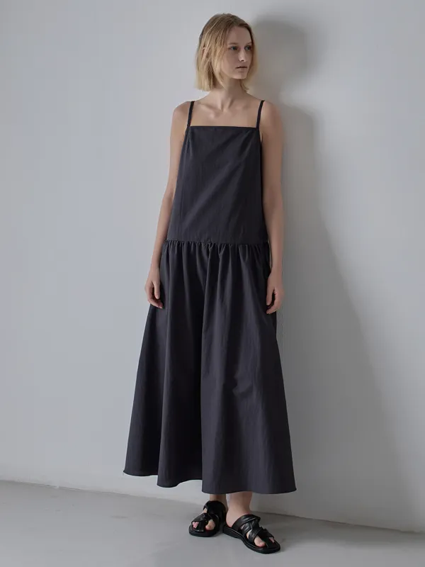 스퀘어넥 볼륨 슬리브리스 원피스_blue charcoal