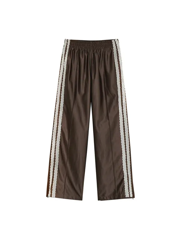 GLOSSY LACE TRACK PANTS [BROWN]