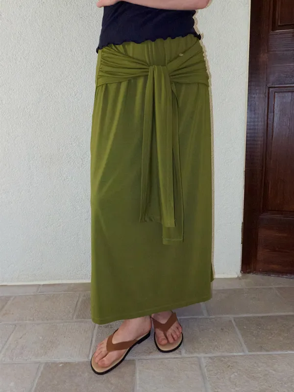 2-Way Tie Long Skirt, Olive Green
