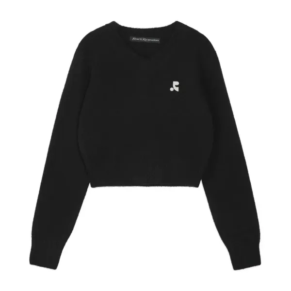 WOOL V-NECK CROPPED KNIT - BLACK