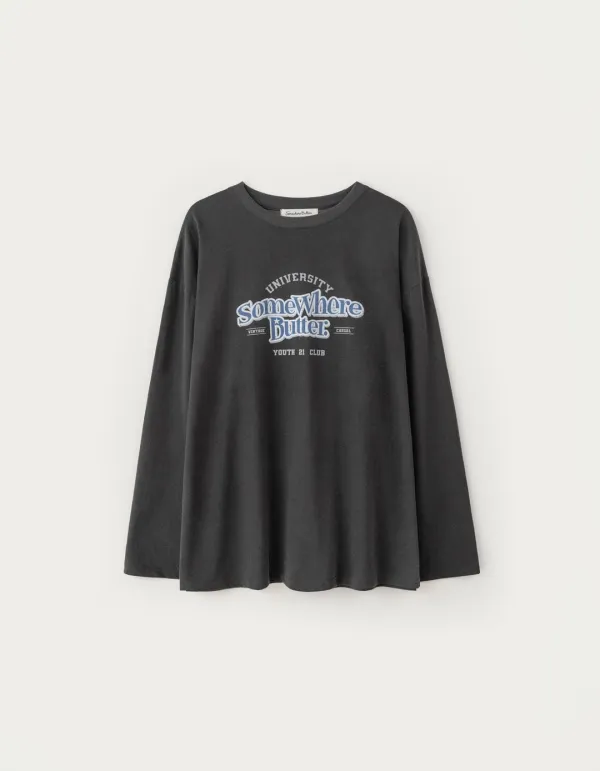 Pigment Wave Logo Long Top - Charcoal