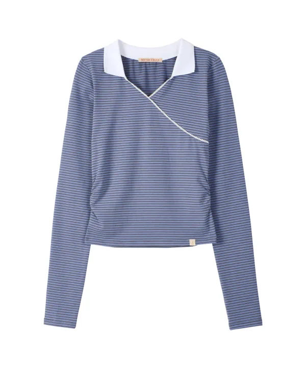 Due Stripe Collar Tee-Blue