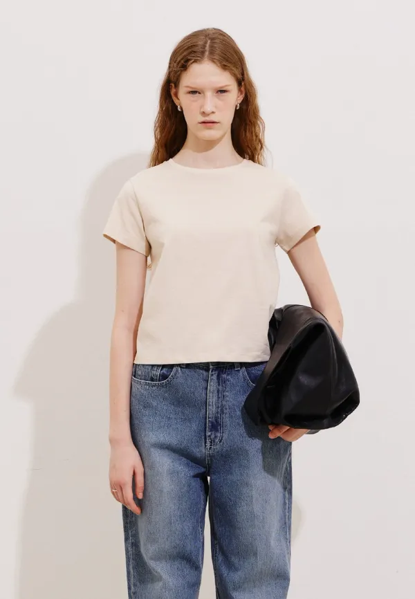 BASIC SILKET CROP T-SHIRT - BEIGE