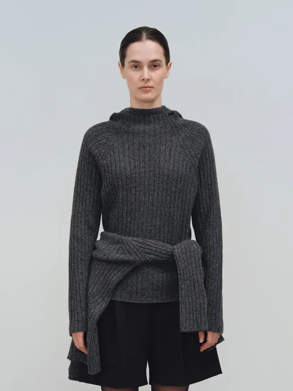 TFW WOOL HOODED RIBBED KNIT TOP_CHARCOAL