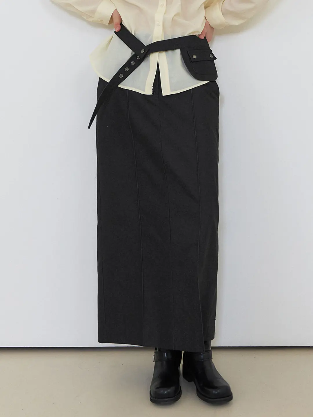 에트몽 Belt Pintuck Long Skirt, Black 상품 이미지 2