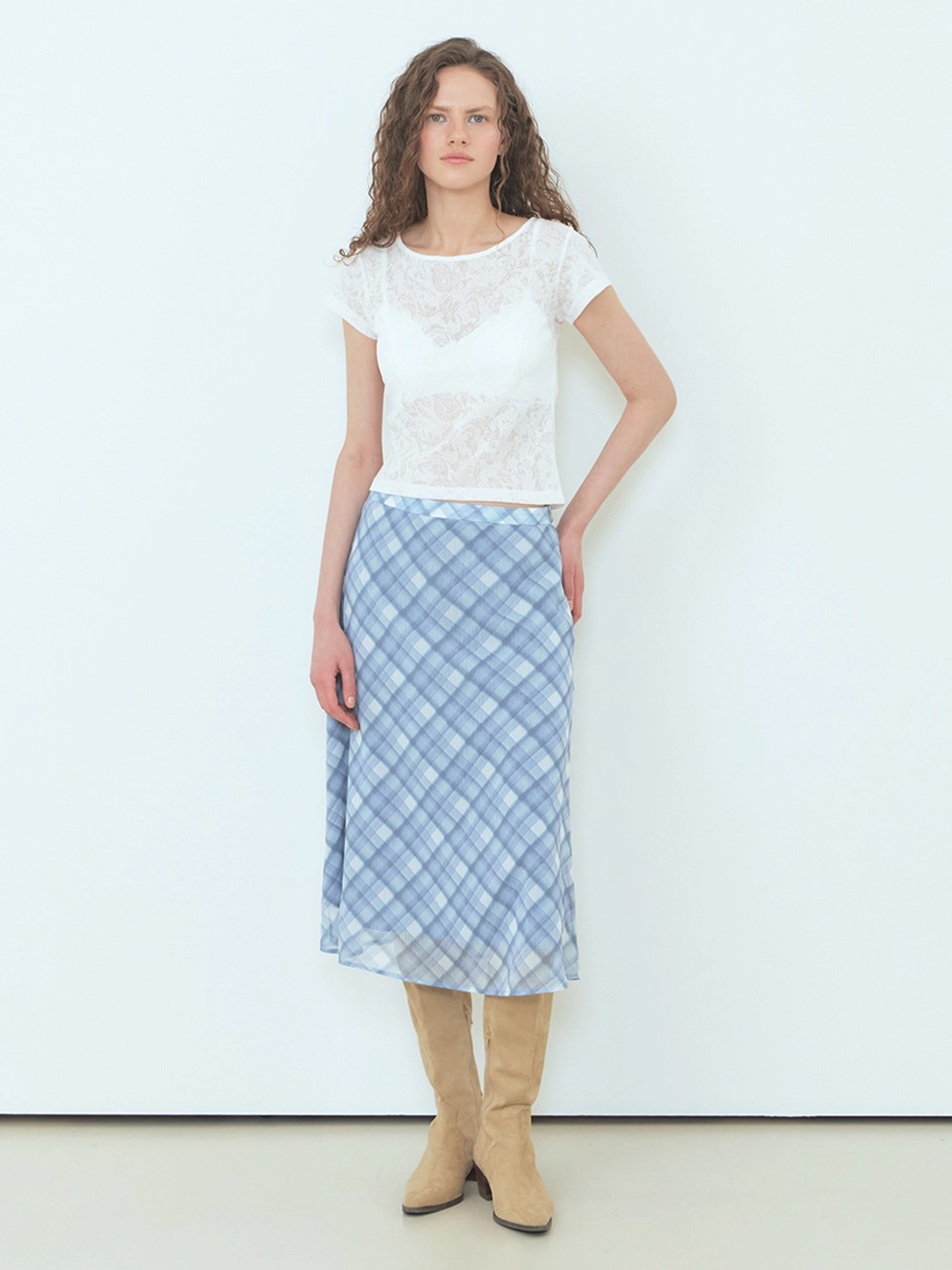 에트몽 Check Midi Skirt, Greyish Blue 상품 이미지 2
