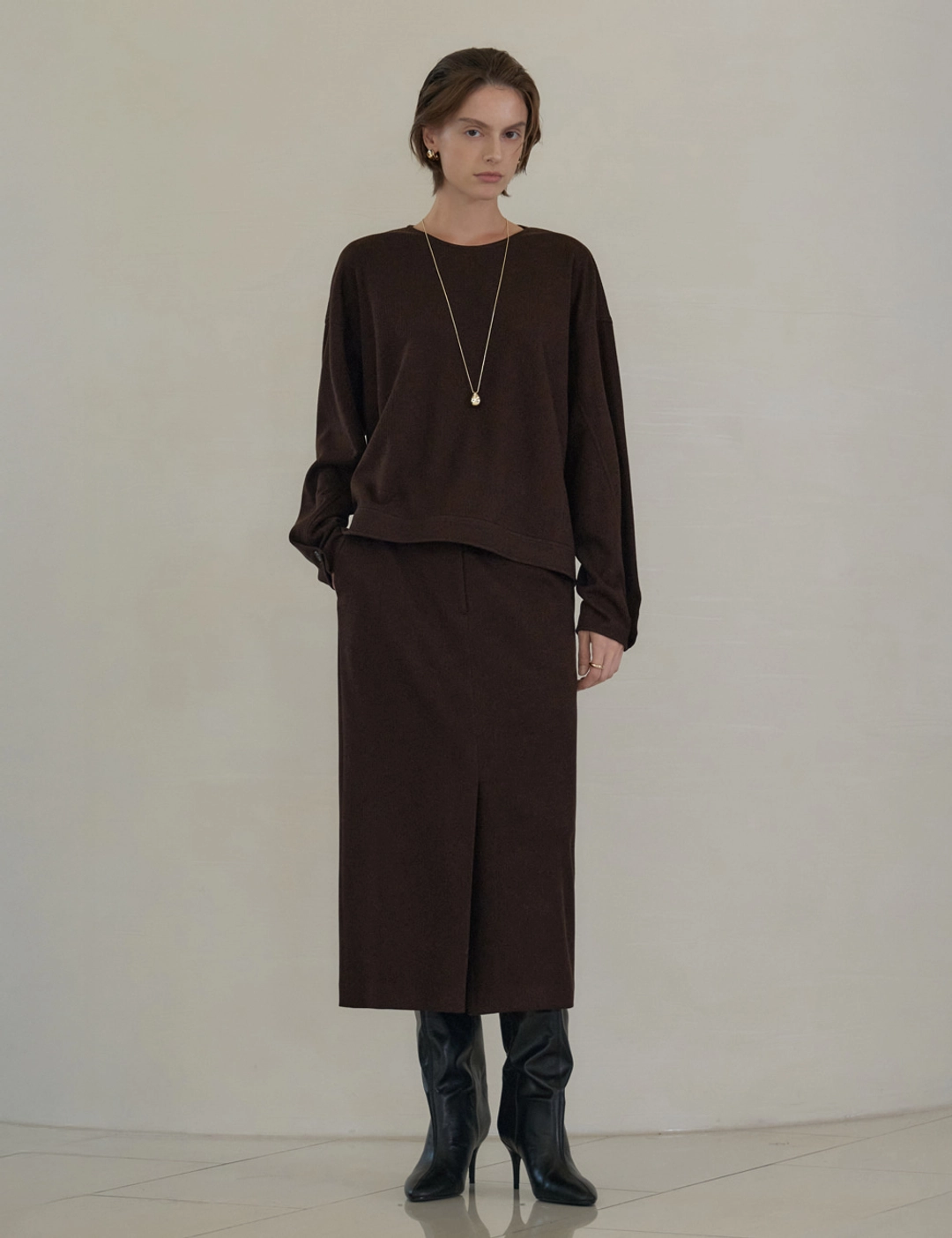 노미나떼 Soft Haze Front Slit Skirts (Brown) 상품 이미지 1