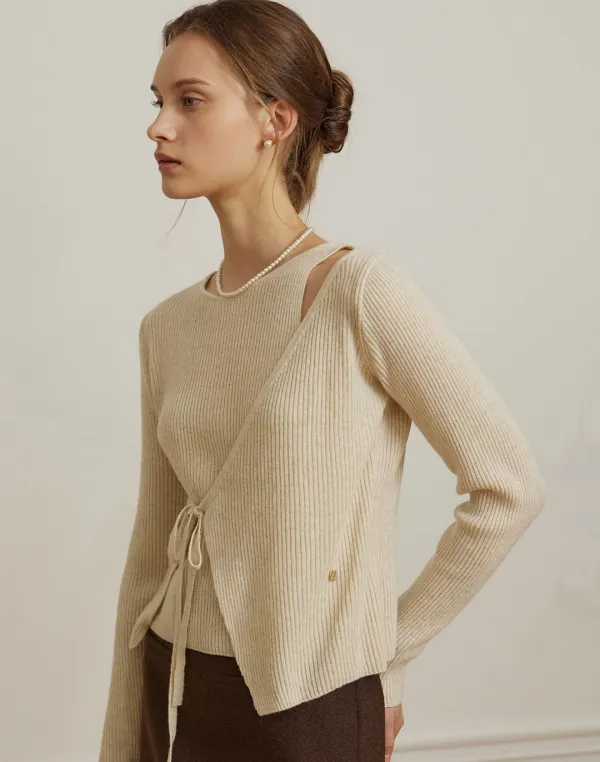 Cut Out Diagonal Wrap Knit - Beige