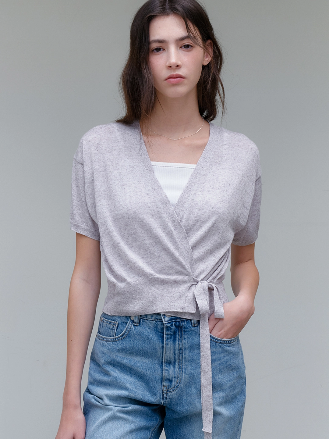 아워코모스 comos 1172 wrap ribbon knit cardigan (light melange gray) 상품 이미지 1