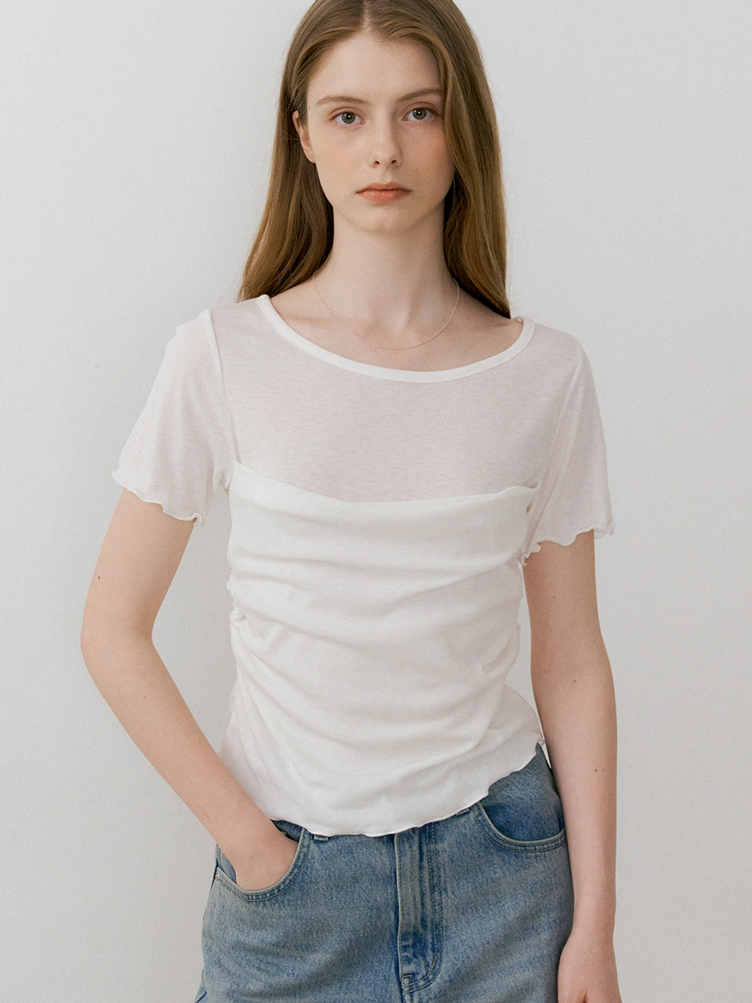 아워코모스 comos 1458 layered shirring T-shirt (white) 상품 이미지 2