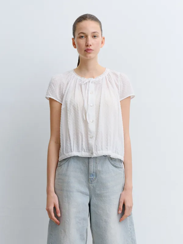 TVR DOT EMBROIDERY SHIRRING BLOUSE_WHITE