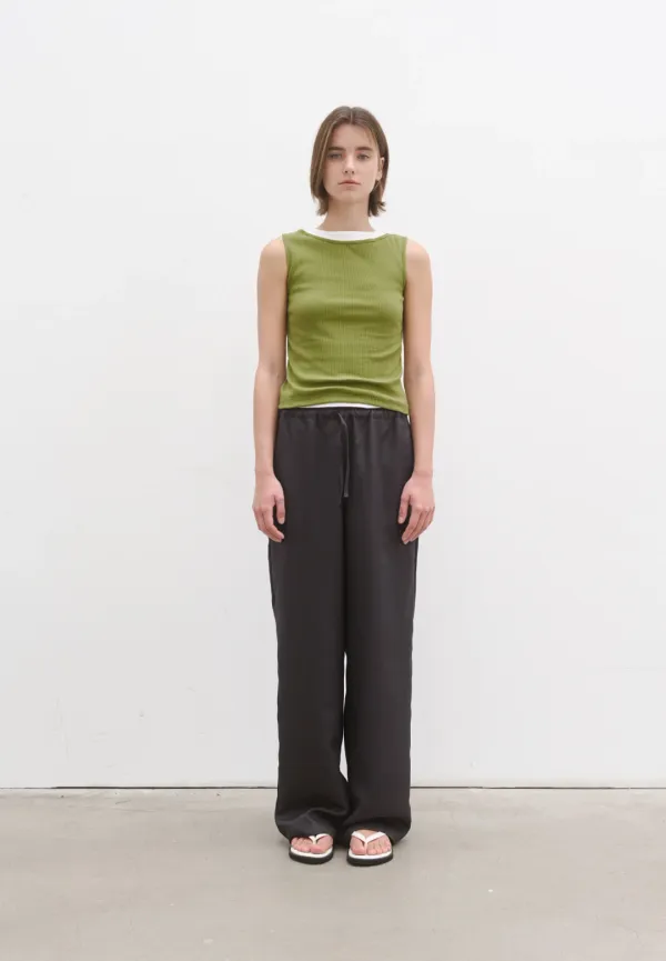 Satin wide banding pants (black)