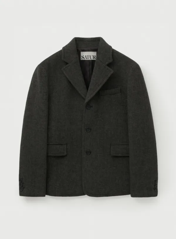 Herringbone Wool Blend Single Blazer - Charcoal