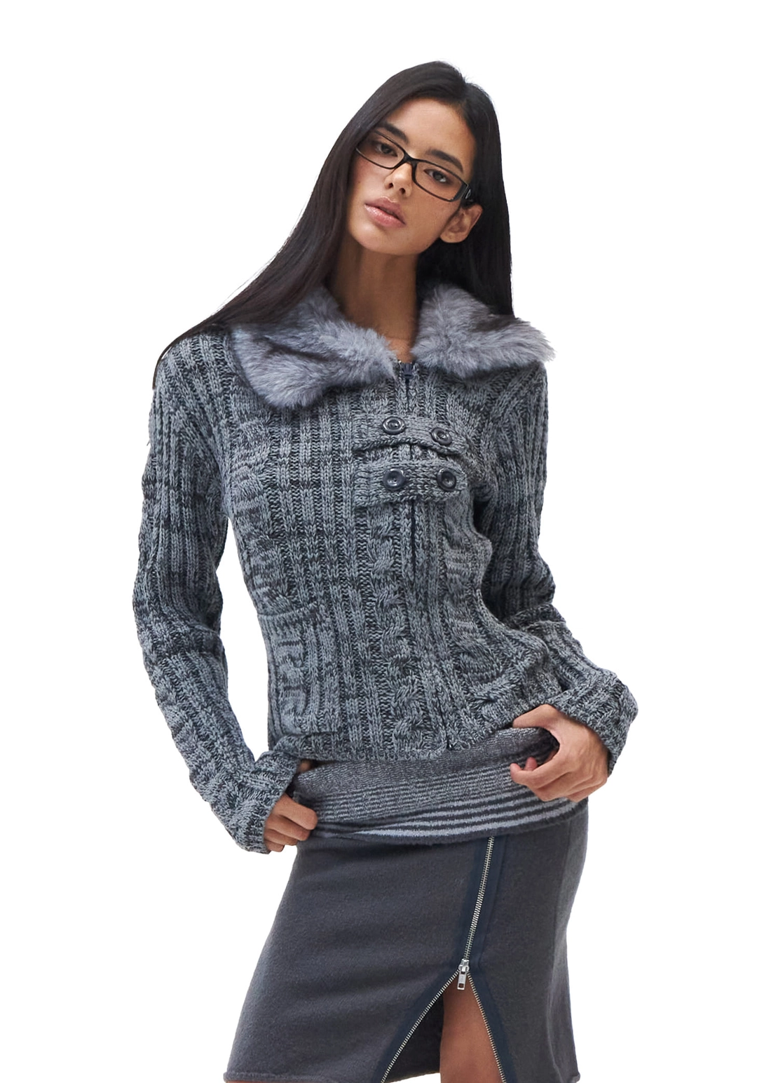 힐다 [Pre-order] Fur Collar Trail Knit Zip-up [Gray] *9/21 발송예정 상품 이미지 2
