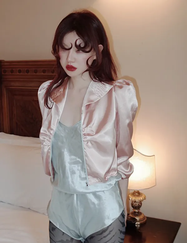 satin puff embroidery zip up