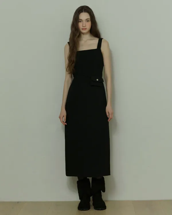 Belt layered point H line long dress - black