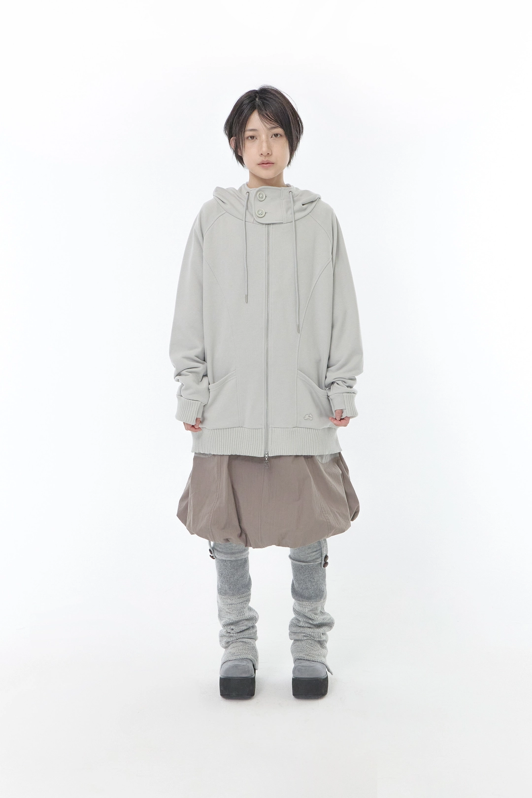 허그유어스킨 High-neck loose hoodie zip-up (Graish blue) 상품 이미지 2