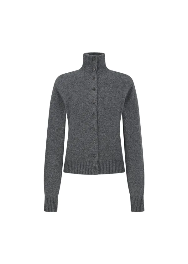 Wool button up collar cardigan, Charcoal